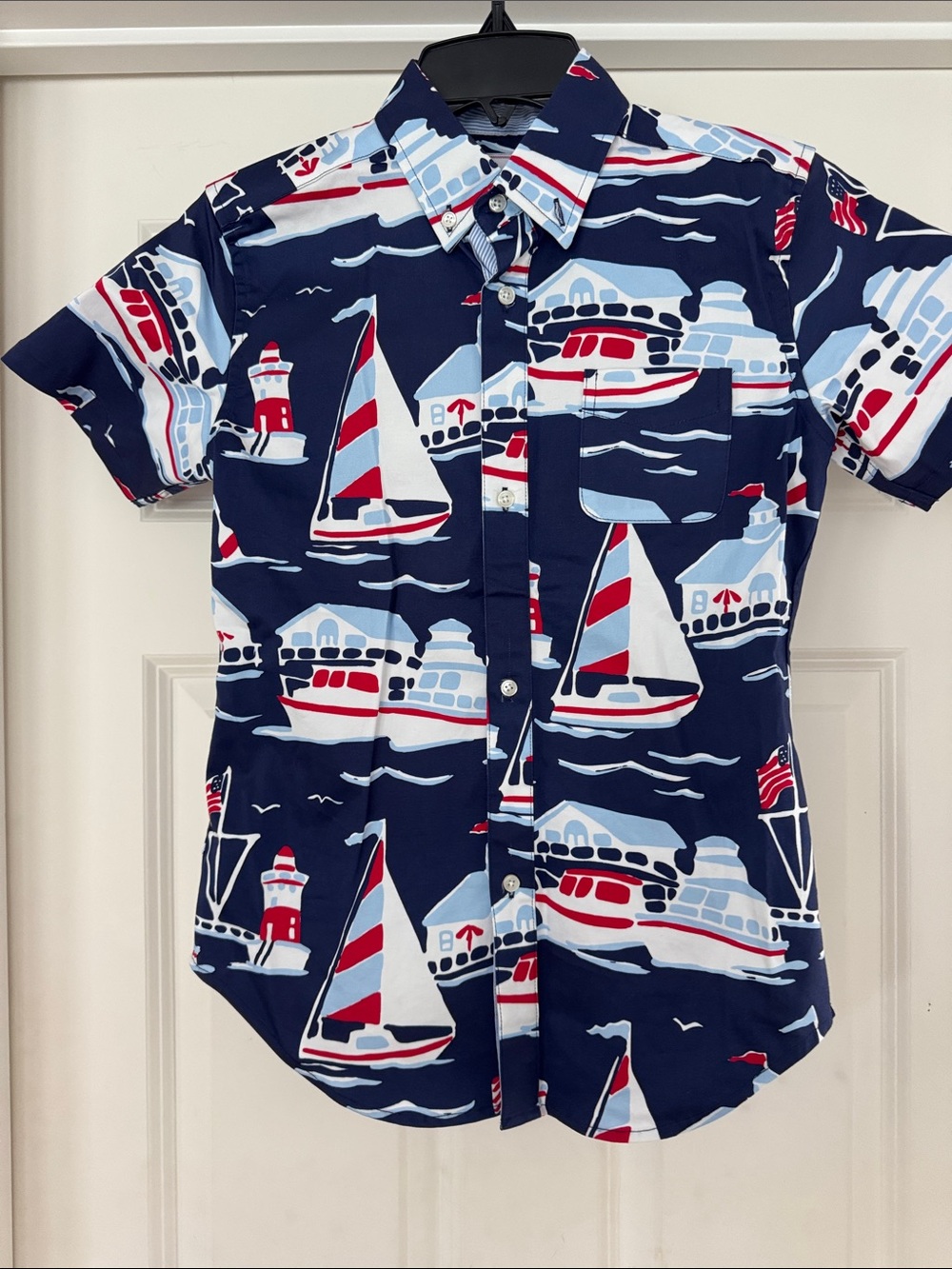 NWOT Boys Classic Prep Navy Nautical Sailboat Print Short-Sleeve Shirt Size 12